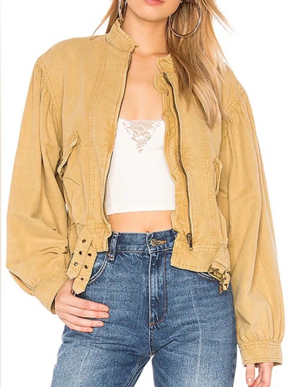 Free People Poet Puff Sleeve Jacket Mustard Tan